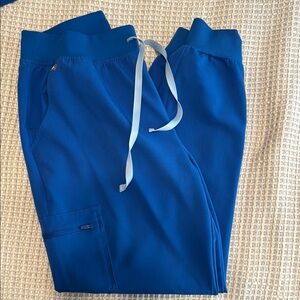 Figs High Waisted Zamora Jogger Scrub Pant Royal Blue with Light Blue Drawstring